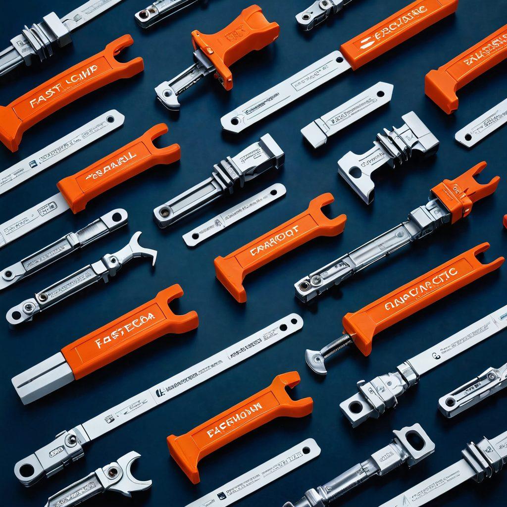 A visually striking infographic showcasing the evolution of fastening technology, featuring a variety of innovative clamps from different eras. Include close-up details of modern clamps in action within industrial settings, juxtaposed with historical designs in a timeline fashion. The background should hint at advanced machinery and tools, highlighting their industrial applications. Bold labels with modern typography should explain each clamp's unique features. vibrant colors. super-realistic. white background.