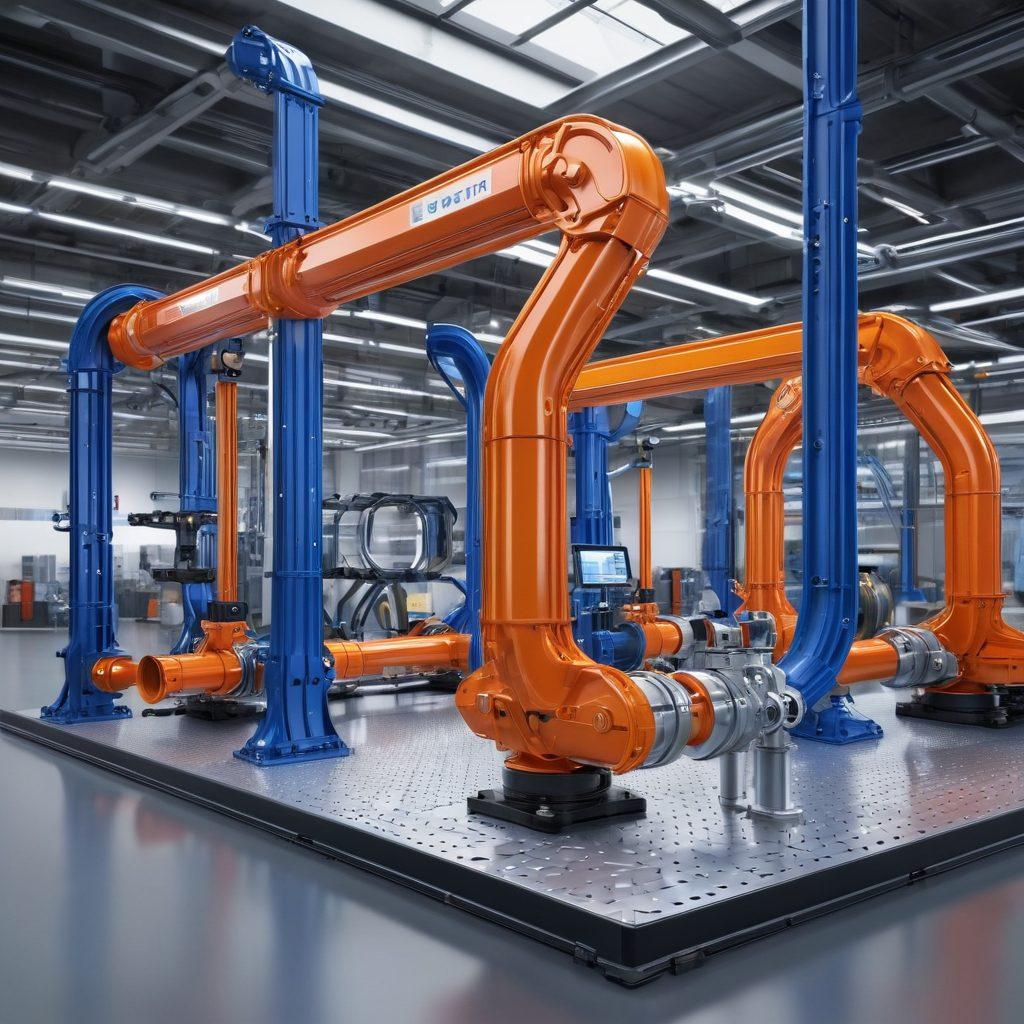 A futuristic workshop showcasing innovative clamping solutions for pipes and structures, featuring advanced technology tools and sleek designs. Emphasize modular clamps in various sizes, with transparent displays showing their unique features. Background should have engineers brainstorming ideas, highlighting collaboration and innovation. Bright, high-tech ambiance with blue and silver tones. super-realistic. vibrant colors. 3D.