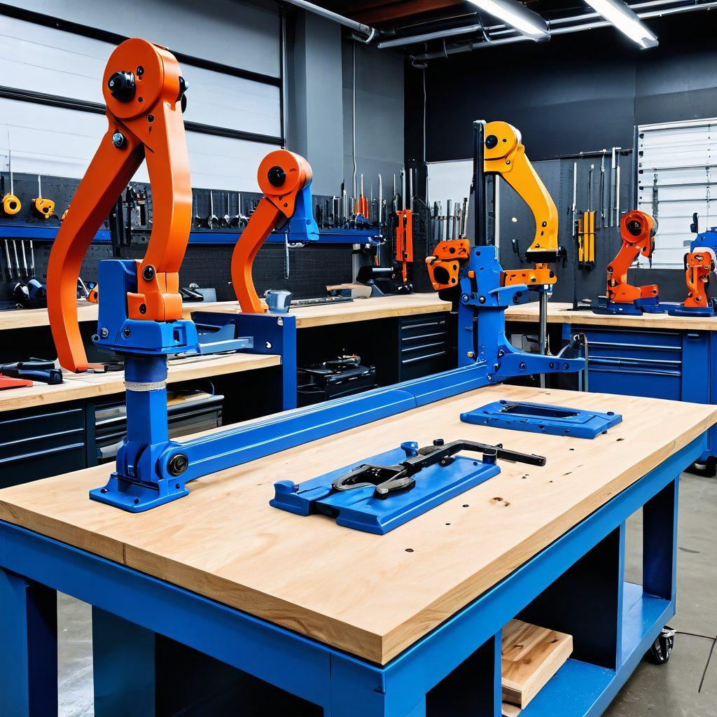 A dynamic scene showcasing various modern clamping technologies, including heavy-duty clamps and intricate custom designs, displayed in a workshop environment. Bright, contrasting colors highlight the versatility and sophistication of each clamp, with an emphasis on their functionality and craftsmanship. Tools, blueprints, and machinery can be seen in the background, enhancing the theme of innovation and design. super-realistic. vibrant colors. workshop setting.